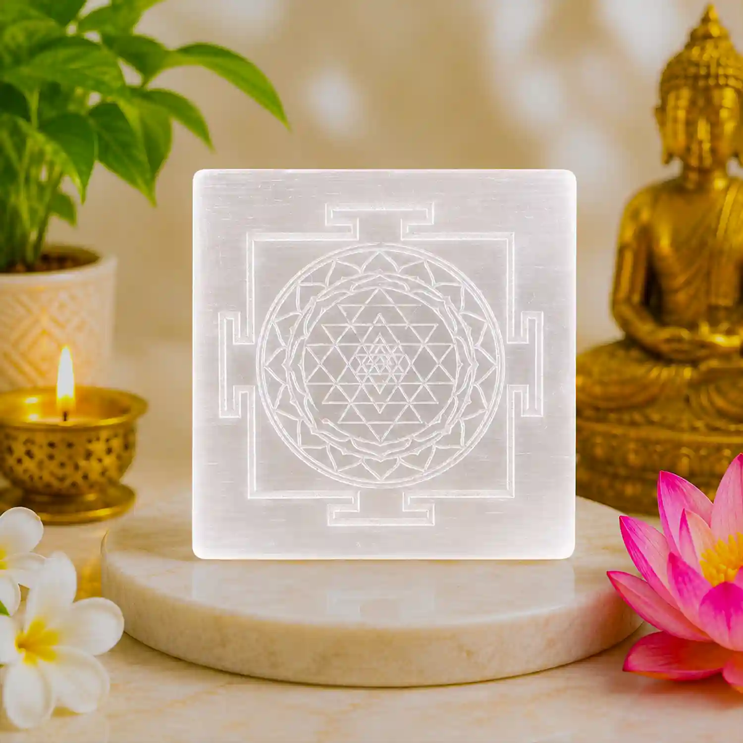 Square Shaped Shree Yantra Selenite Plate 